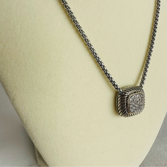 Pave CZ Diamond Pendant Silver Box Chain Necklace - Picture 5 of 11